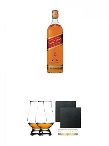 Johnnie Walker Red Label Blended Scotch Whisky 0,7 Liter + The Glencairn Glass Whisky Glas Stölzle 2 Stück + Schiefer Glasuntersetzer eckig ca. 9,5 cm Ø 2 Stück