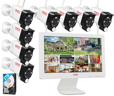 Tonton Außen Überwachungskamera Set mit Monitor, 5MP 10CH 16Zoll NVR Monitorund 8*3MP WiFi Kameras, PIR-AI-Personenerkennung, Gegensprechfunktion, App&Mail Alarm, Einfache Fernanzeige, 1TB Festplatte