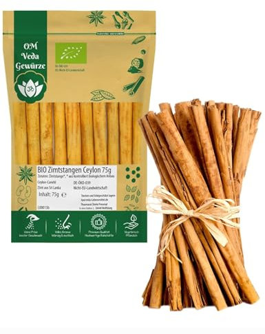 BIO Zimt Ceylon Zimtstangen Ganz 75g | Echter Zimt Canehl aus Sri Lanka | Organic Bio-zertifiziert DE-ÖKO-039 | Cinnamon | Für Küche und Tee | OmVeda
