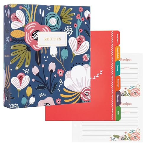 Jot & Mark Rezept-Organizer-Set mit 3 Ringbüchern (Gartenblumen) | 50 Rezeptkarten 10,2 x 15,2 cm, Regenbogen-Trennblätter und Kunststoff-Seitenschutz