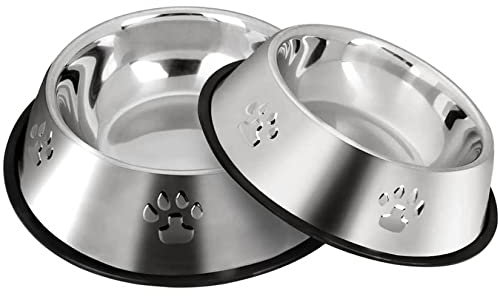 2 Cuencos de Acero Inoxidable para Perros, Alimentación Con Bases de Goma Antideslizantes, Platos Pequeños para Agua de Mascotas (S-18 cm)