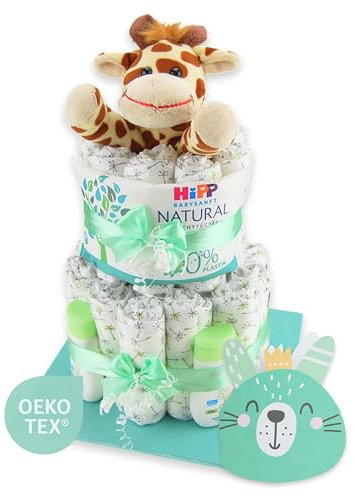 Windeltorte ® – Giraffe Gross | Windeltorte in Blau - Rosa & Neutral - LILLYDOO Windeln | Geschenk zur Geburt | Taufgeschenk | Babyparty – handgefertigtes Geschenk (Neutral/Unisex/Grün) 2-stöckig