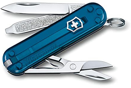 Victorinox Schweizer Taschenmesser, Klein, Classic SD, Multitool, Swiss Army Knife, Geschenk, 7 Funktionen, Klinge, Nagelfeile, Dunkelblau Transp.