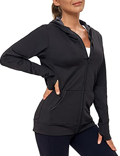 AMZSPORT Donna Felpa Sportiva Giacca a Manica Lunga da Corsa con Cappuccio con Fori per i Pollici e Tasch, Nero L
