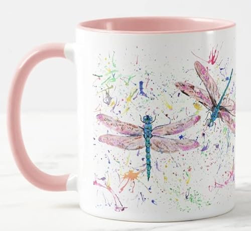 Vixar Libelle Libellen Aquarell Kunst Farbige Keramik Tasse, 325 ml, Geschenk für Geburtstag, Arbeit, Büro, Weihnachten, Tee, Kaffee (Rosa)