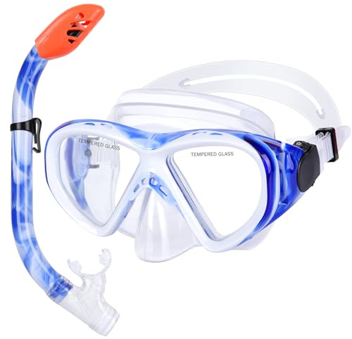 Kids Snorkel Set, Children Anti-Fog Diving Mask Swimming Goggles Full Dry Top Snorkel Equipment Snorkeling Packages Swimming Gear for Youth Boys Girls Age 5-10 (Blue White)