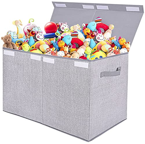 Pantryily Large Toy Box Chest Storage Organizer with Lid,Collapsible Kids Toys Boxes Basket Bins with Sturdy Handles for Boys and Girls, Nursery, Playroom, Closet 25x13 x16 (Light Grey)