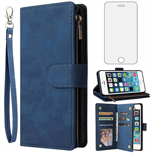 Asuwish Mobile Phone Case for iPhone 5S/5/SE 2016 Case with Screen Protector and Card Slot Foldable Leather Wallet Stand Zip i 5SE 1 S SE2016 1st Generation Cases Protective Phone Case Blue