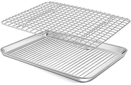 Homikit Bandeja para hornear con rejilla de enfriamiento, molde rectangular de acero inoxidable, bandeja para tartas y rejilla para tartas, para hornear, servir, saludable, apta para lavavajillas, 31