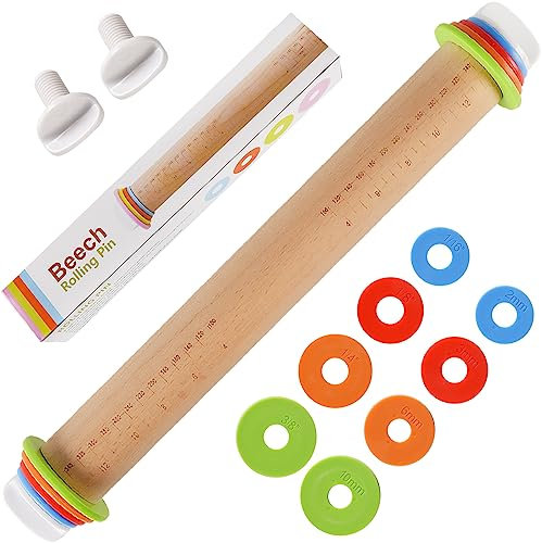 Mattarello regolabile in legno di alta qualità con 4 anelli di spessore, rullo di pasta con manico per pizza con guida alla misurazione per fondente, pizza, crosta di torta, biscotti, pasticceria