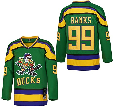 D-5 Youth Mighty Ducks Jersey #96 Conway #99 Banks Jersey,Movie Ice Hockey Jersey for Kids, #99-Green, M