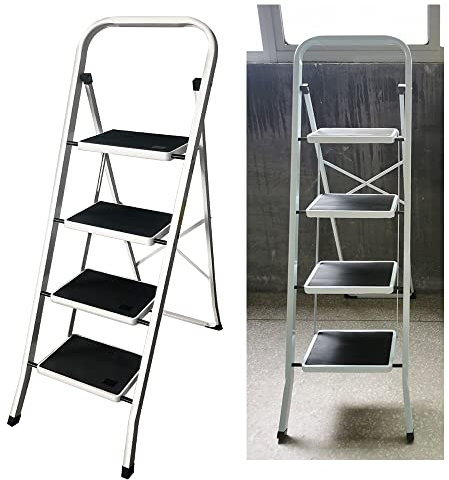 3 Stufen Trittleiter, Tritthocker Stehleiter, Klapptritt Klappbar, Klappleiter bis 150kg, Leiter mit Rutschfester Plattform, Metall Haushaltsleiter, für Zuhause Büro Garage