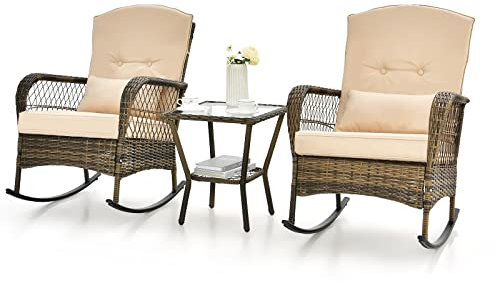 GOPLIUS Salon de Jardin 2 Personnes, 3 Pièces 2 Fauteuils à Bascule en Rotin PE avec Table Basse en Verre Trempé, Coussins Rembourrés, Style Rustique, pour Terrasse, Jardin, Patio, Cour