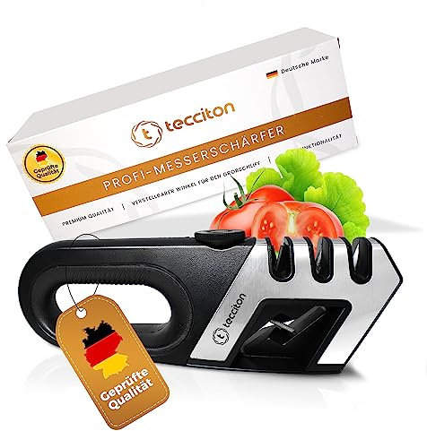 Tecciton 4-in-1 Messerschärfer - Verstellbar Mit Ergonomischem Griff, Messerschleifer, Profi, TECMS0001, Schwarz
