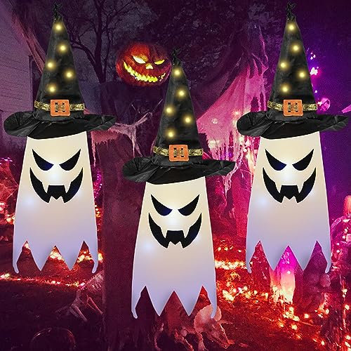 Halloween Deko Outdoor, 3 Stück Hängend Leuchtend Geist Hexenhut Halloween Deko Garten, Halloween Deko für Zuhause Baum Garten Hof, Halloween Festliche Atmosphären Horror Motto Party Requisiten