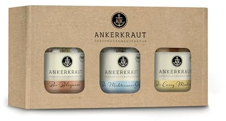 Ankerkraut Bio Trio Gewürz-Box, mit Bolognese, mediterranes Salz und Curry Madras, Bio-Qualität, 280 g