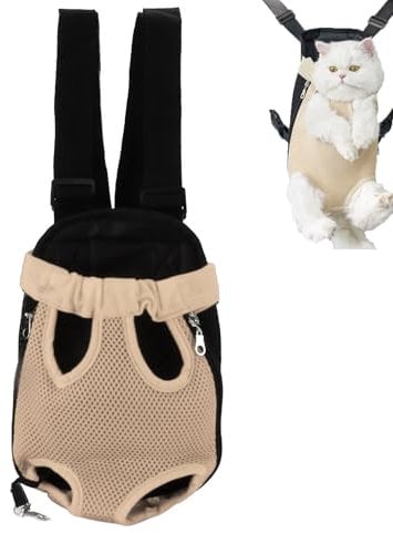 Sac Transport Chat, Sac à Dos Mains Libres à Sangle Réglable, Pas de Tension aux Epaules, Maille Respirante Porte Chat Ventral pour l'extérieur, Les Voyages, Le Métro (S-Beige)
