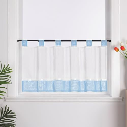 Joyswahl Leinenoptik Scheibengardinen Modern »Viola« transparente Bistrogardine mit Schlaufen Gardinen Küche mit Satinband Kurzstores Blau HxB 60x90cm 1er Pack