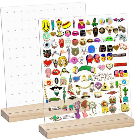 TOLIDA 2pcs 132 Holes Acrylic Enamel Pins Storage Holders - Clear Earrings Display Stand with Wood Base, Acylic Display Pegboards for Jewelry, Brooches, Award Badges, Earrings Studs