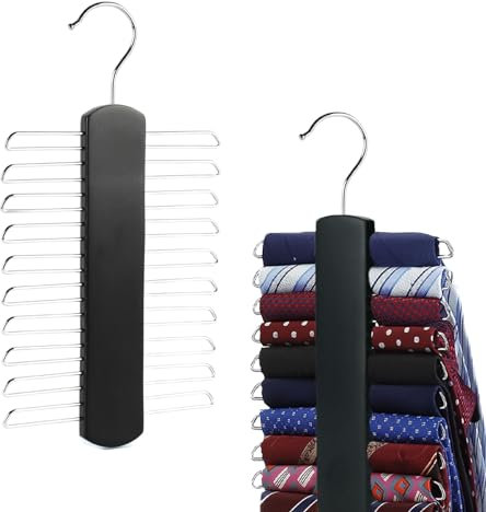 Kaizuca 2 Stück Krawattemhalter, Gürtelhalter, Holz Kleiderbügel Krawattemhalter, mit 20 Metallregale und 360 Grad Drehbarer Kleiderhaken, für Gürtel, Schal, Krawatte Aufbewahrung (schwarz)
