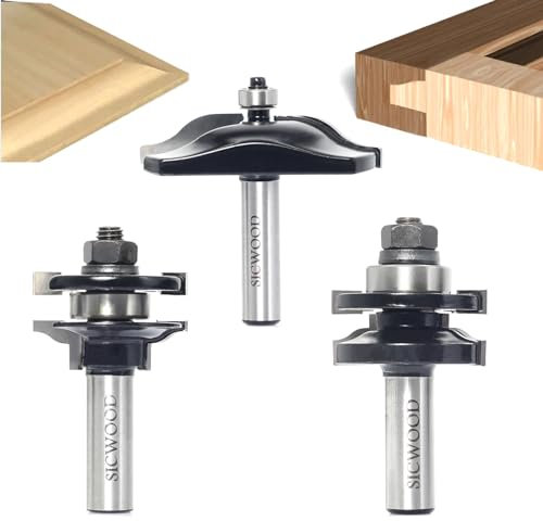 SICWOOD 3PCS Cabinet Door Raised Panel Router Bits Set 1/2 Shank, Carbide Woodworking Tools, for Making Door & Window Frames, Tenon Joint Cutter Diameter: 1-5/20.3 cm