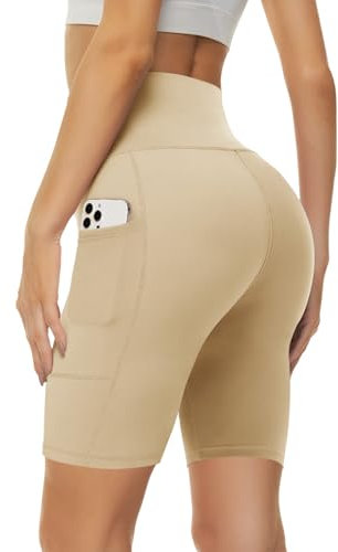 Missluck Radlerhose Damen mit Taschen Kurze Sporthose Hohe Taille Leggings Blickdicht Shorts Sommer Hose für Yoga Gym (Beige,L-XL)