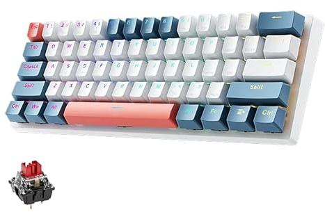 GAREGEAR K500 60% Wired RGB Gaming Keyboard, 61 Keys Compact Mechanical Keyboard w/White & Blue Mixed-Colored Keycaps, Linear Red Switch, Pro Driver Support (Red Switch)