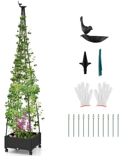 TANGZON 206 cm Rolling Planter Box with Obelisk Trellis, Self-Watering Raised Garden Bed with PE-Coated Metal Tubes, Tomato Cage Tower for Climbing Plants