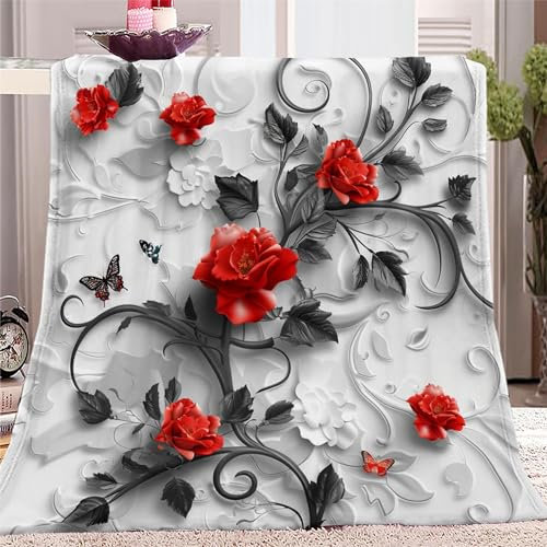 Flauschige Kuscheldecke Couch Decke L 70x100cm Rotes Rosenmuster Fleecedecke Tagesdecke - Leichte Ganzjahresdecke, Weiß Decken für Sofa Bett, Weiche Decke Für Kinder Erwachsene