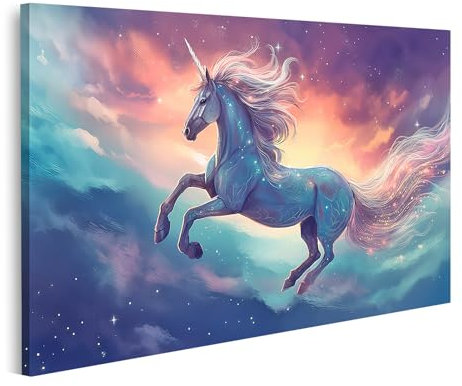 islandburner Bild auf Leinwand Künstlerisches Einhorn fliegt Konzept Wolken Sterne Bilder Wandbilder Poster
