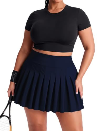 Moon Wood Damen Mini Rock Elastisch Hohe Taille Solid Basic Gefaltet Röcke Tennis Skater Skirt Kurz mit Shorts Große Größe