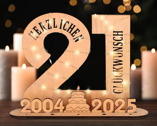 Giftota - 2025 Originelle 21 Geburtstag Geschenk Frauen & Männer - Geldgeschenke Geburtstag 21 mit LED Lichterkette Ständer - Holz-Schild Gästebuch - 21 Geburtstag Deko - Personalisierbares Geschenk