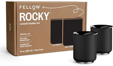 Fellow Rocky Lowball Tumbler 2er-Set – Isolierte Cocktailbecher aus Edelstahl mit Keramik-Innenseite und drehbarem Kieselsteindeckel – 284 ml, mattschwarz