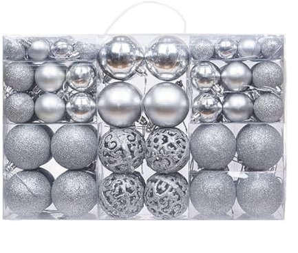 100 x Silver Baubles Christmas - Shatterproof Xmas Tree Ball Decoration Set, Hanging Décor Ornaments For Indoor Outdoor, Assorted Sizes Finishes