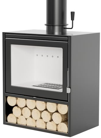 LINSGV Véritable poêle de cheminée avec rangement à bûches vintage autonome rétro chauffage intérieur en verre avec vue en verre à bûches, poêle à bois à flamme, noir (50 cm)