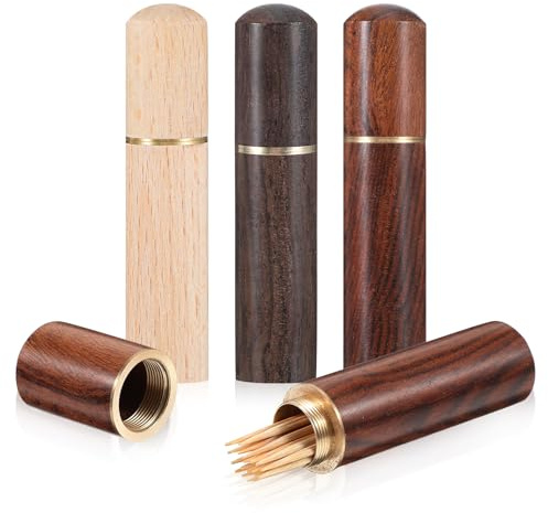 Lnngub 3 Packs Portable Wooden Toothpick Holder, Compact Waterproof Toothpick Case, Brown