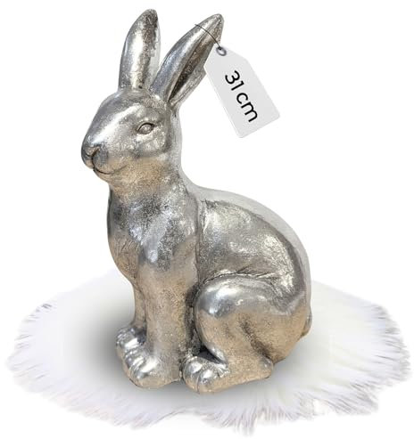 Bada Bing Deko Hase Figur Silber ca. 31 cm - Tischdeko Osterhase groß Frühling Garten - hochwertige Oster Dekoration fürs Wohnzimmer - Dekohase Antik Osterdeko Innen und Outdoor Haustür Geschenk