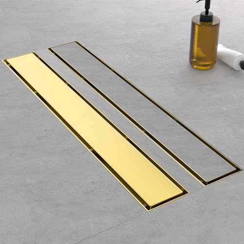 EBYTE Linearer Duschrinne aus gebürstetem Gold – SUS 304 Edelstahl Duschablauf, 81,3 cm, goldfarbene lineare Abflüsse mit 2-in-1-Flieseneinsatzplatte und verstellbaren Füßen, langer rechteckiger
