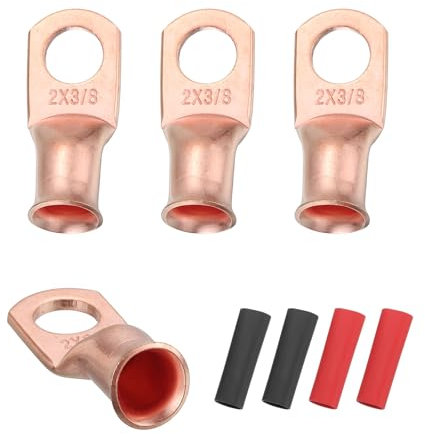 sourcing map 4pcs 2 AWG M10 Battery Lugs Ring Terminals, 3/8 10mm Stud Crimp Wire Terminal Connector End Copper, 2:1 Heat Shrink Tubing, Gold