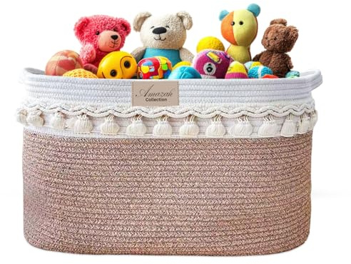 Large Cotton Rope Storage Basket, Decorative Tassel Trim and Lid, Laundry Basket, Foldable Washing Basket for Shoes, Toy Basket for Kids Room, Blanket Storage Basket in Living Room