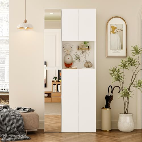 DEZAGCE Garderoben-Set 2-teilig – Kompaktgarderobe mit Spiegel & 11 Einlegeböden – Flurgarderobe mit Stauraum – 180 x 75,2 x 27 cm – Weiß – Modernes Eingangsmöbel für Diele & Flur
