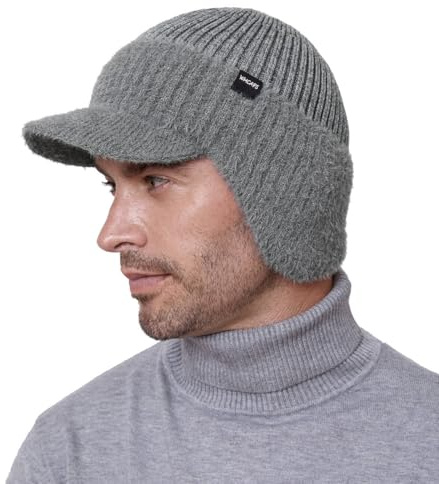 Wmcaps Winter Beanie with Visor and Ear Flaps, Unisex Outdoor Warm Thick Fleece Lined Knit Hat Gift for Men Husband Dad, Grey
