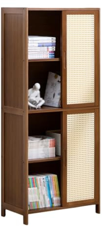 JSLJJBD Bambus Standregal mit Zwei Zweiwege-Schiebetüren Bücherregale Vitrine mit Mehrstufigen Ablageflächen Ausstellungsstück für Wohnzimmer Einheit für Bücher Deko Brown 60cm 4 Layers