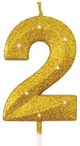 Gold Glitter Birthday Candles 2nd Shiny Gold Cake Toppers Candle for Women Men Bachelorette, Wedding, Graduation, Anniversary, Golden Birthday Party Decorations Supplies, Number 2