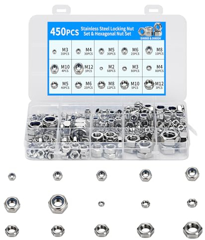 450 Pcs Écrous Autobloquants en Acier Inoxydable 8 Tailles avec Nylon | M2, M3, M4, M5, M6, M8, M10, M12, pour vis et boulons, fixation, assemblage et réparation