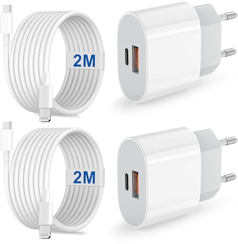2 Pack Caricatore per iPhone Certificato Apple MFi, 20W 2-Porto USB A & USB C Rapido Caricabatterie per iPhone 14/14 Pro/14 Pro Max/14 Plus/13/12/11/XS/XR/X/SE/8/7, Presa USBC con Cavo Lightning 2m