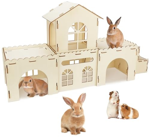 BWOGUE Extra großes Kaninchenversteck aus Holz, abnehmbares Hasenschloss für Kaninchen Chinchillas Meerschweinchen, stabiles Hasen-Spielhaus für den Innenbereich mit Treppe, Kleintier-Spielstall