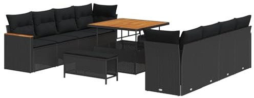 Tonture Gartensofa-Set 12-teilig Schwarz, Poly-Rattan-Geflecht mit Akazienholz, Modulares Design für Terrasse Balkon, Wetterfestes Lounge-Set mit Kissen