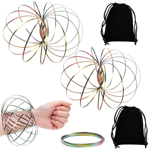 TENGWA 2 Stück Durchflussringe Spielzeug Arm Feder Magisch Durchflussring 3D Edelstahl Inklusive 2 Aufbewahrungsbeutel Multisensorisch Pädagogisch für Interaktive DekompressionTägliche Casual Games