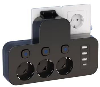 Regleta de enchufes 7 en 1, 3 Tomas Europeas con Interruptor Independiente y 3 Puertos USB + 1 Tipo C, Adecuado para Hogar/Cocina/despacho. Ladron de Pared Sin Cable Enchufes Multiples (Negro)